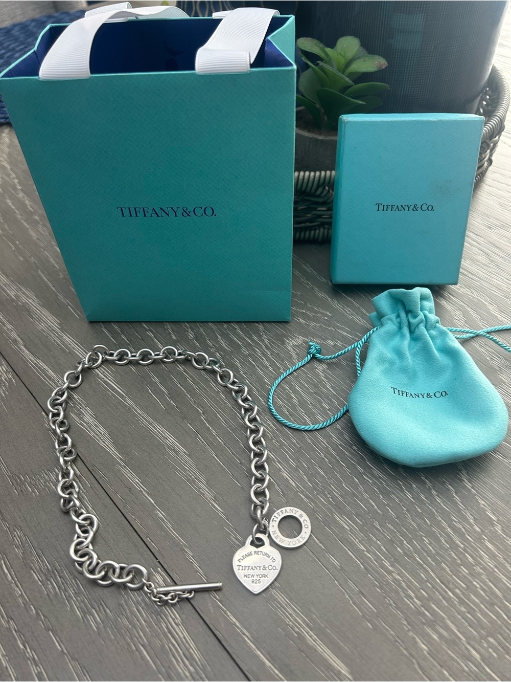 Tiffany & Co. Sterling Silver Heart Toggle Necklace with Blue Boxes and Pouch